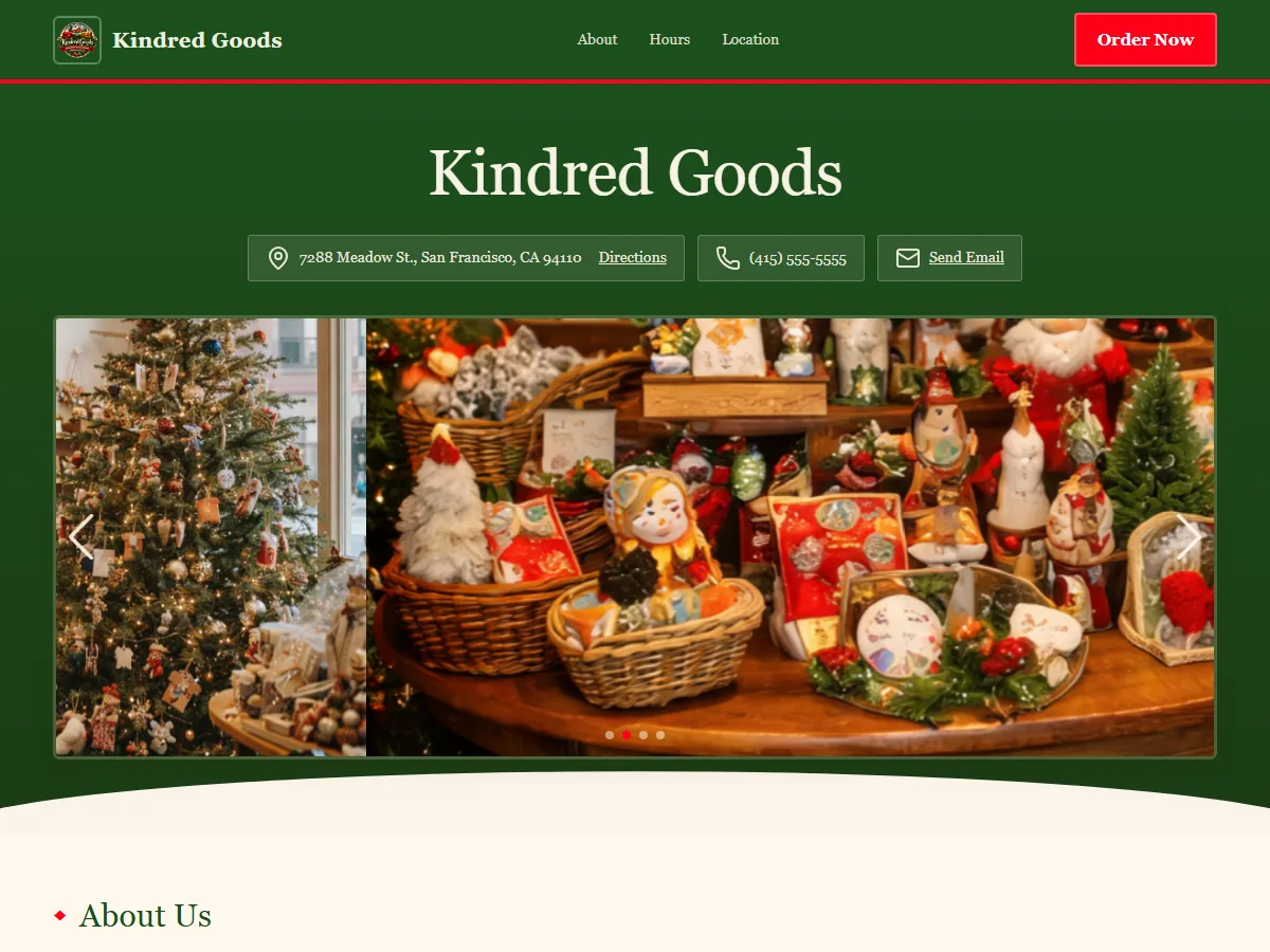 Screenshot of the Kindred Goods example site